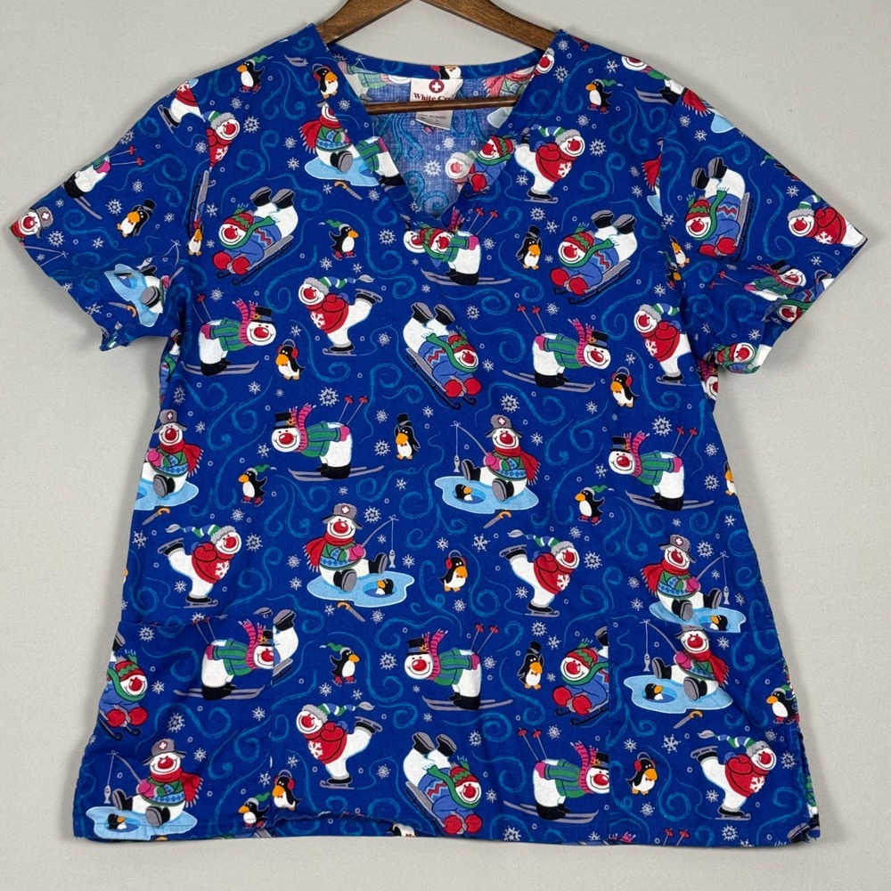 White Cross Scrub Top Women Large Blue NWOT Snowman Penguin Winter Print 4619WSN